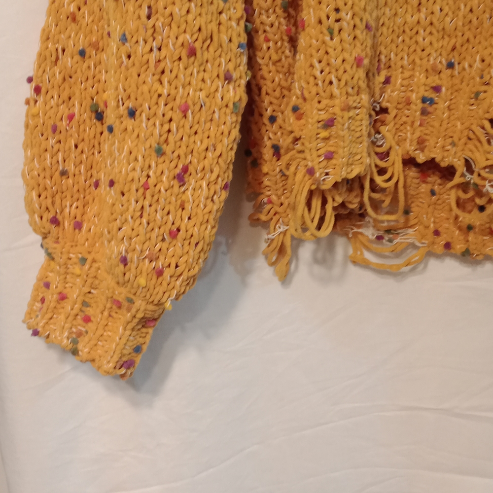 124 Pol Confetti knitted mustard distress sweater with bubble sleeves size S✔️ - Picture 5 of 10